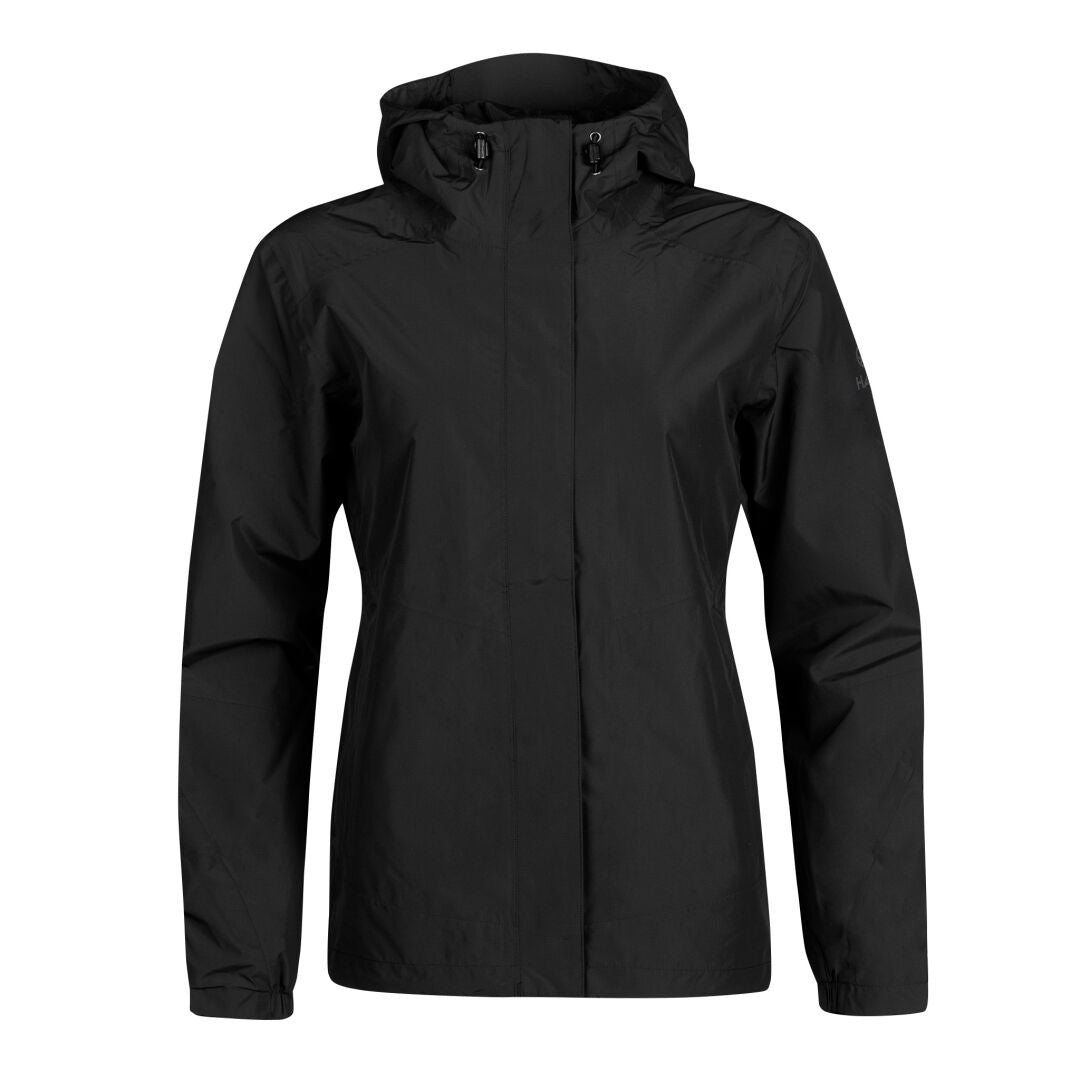 Halti Fort DX Skaljacka Dam, en svart regnjacka i återvunnen polyester med dragkedja fram, mot vit bakgrund.