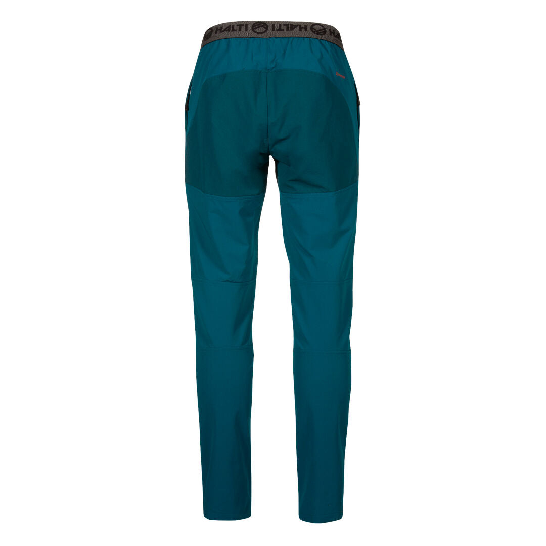 Baksidan av blågrön Halti Pallas II Herr Warm X-Stretch byxor med svart midjeband, perfekt för friluftsliv.