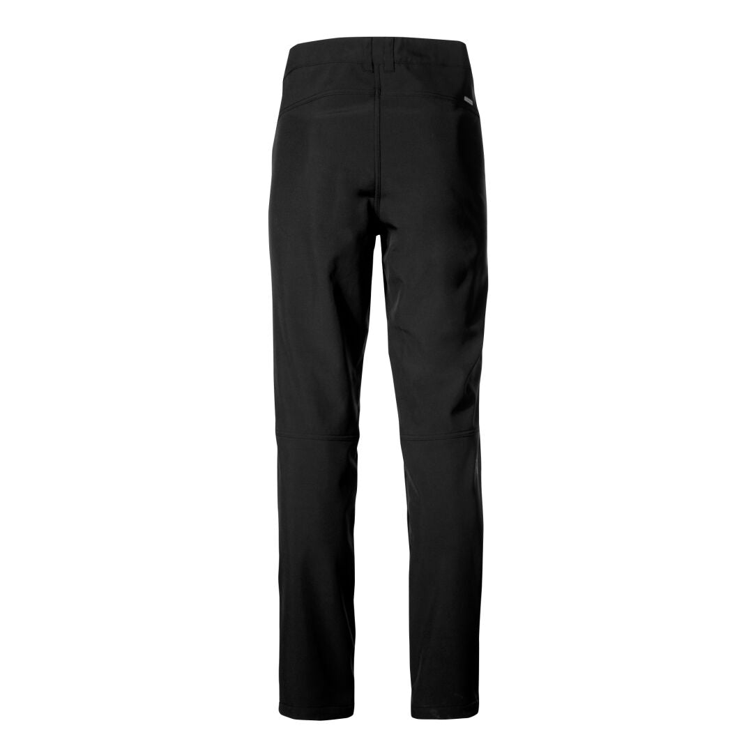 Baksidan av Halti Koli Herr Softshell Byxor, Stormwall®, svart, vindtät och vattenavvisande, mot vit bakgrund.