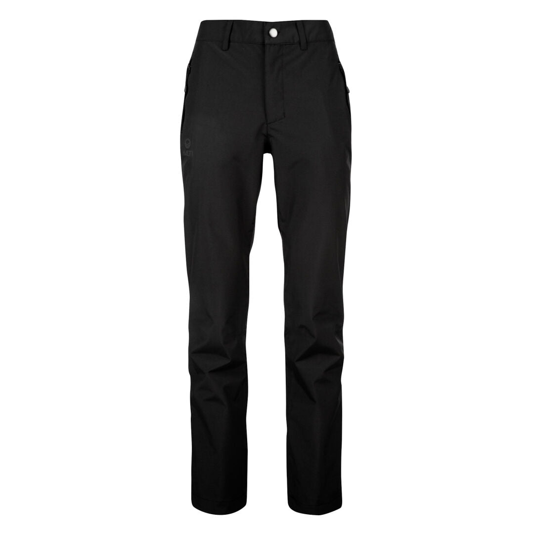 Halti Koski Dam Skalbyxor—svarta byxor med raka ben i återvunnen polyester med knappknäppning och framfickor.