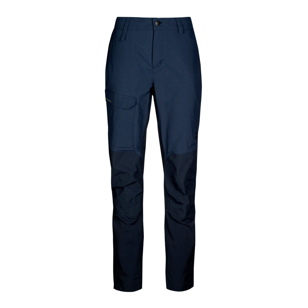 Halti Hiker Dam DrymaxX byxor: marinblå, knappknäppning, sidofickor, förstärkta knän, vattentätt återvunnet material.