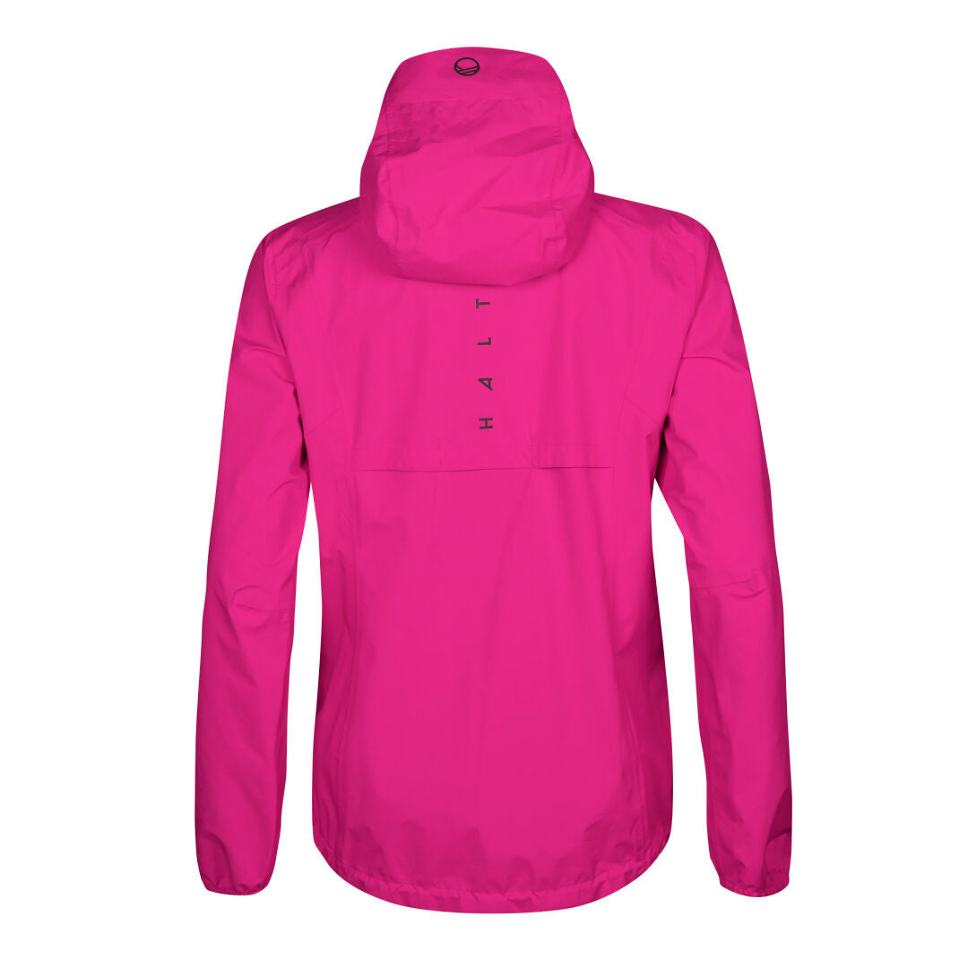 Halti Lastu II Dam DrymaxX 2,5L skaljacka i ljusrosa har långa ärmar, huva och HALTI-tryck på ryggen.