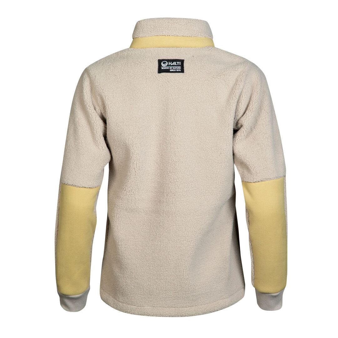 Halti Hiker Dam Polar Fleece i beige med gula ärmar och svart etikett är perfekt för vandring eller trekking.
