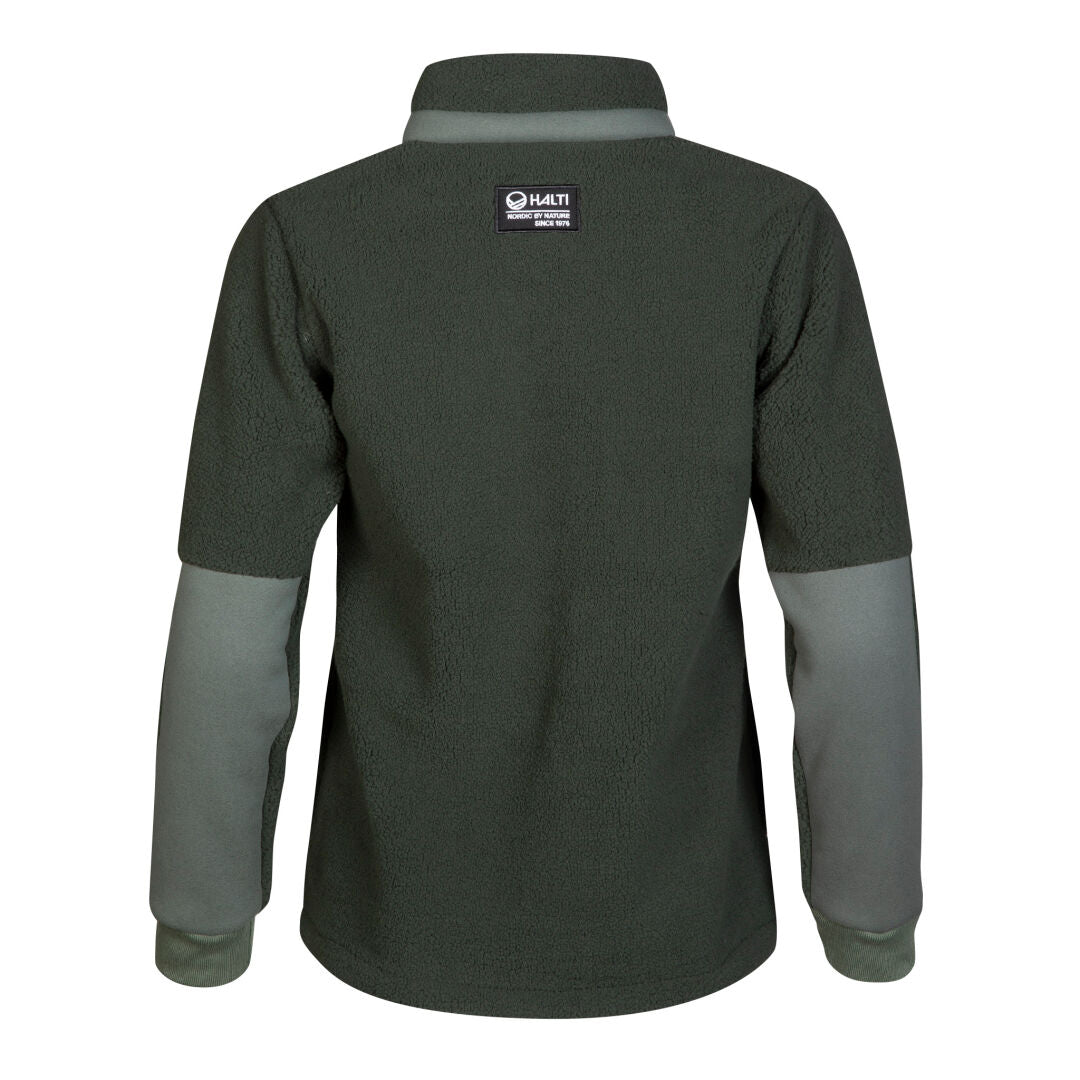 Halti Hiker Dam Polar Fleece i skogsgrönt med ljusgrå ärmar visas bakifrån mot en vit bakgrund.