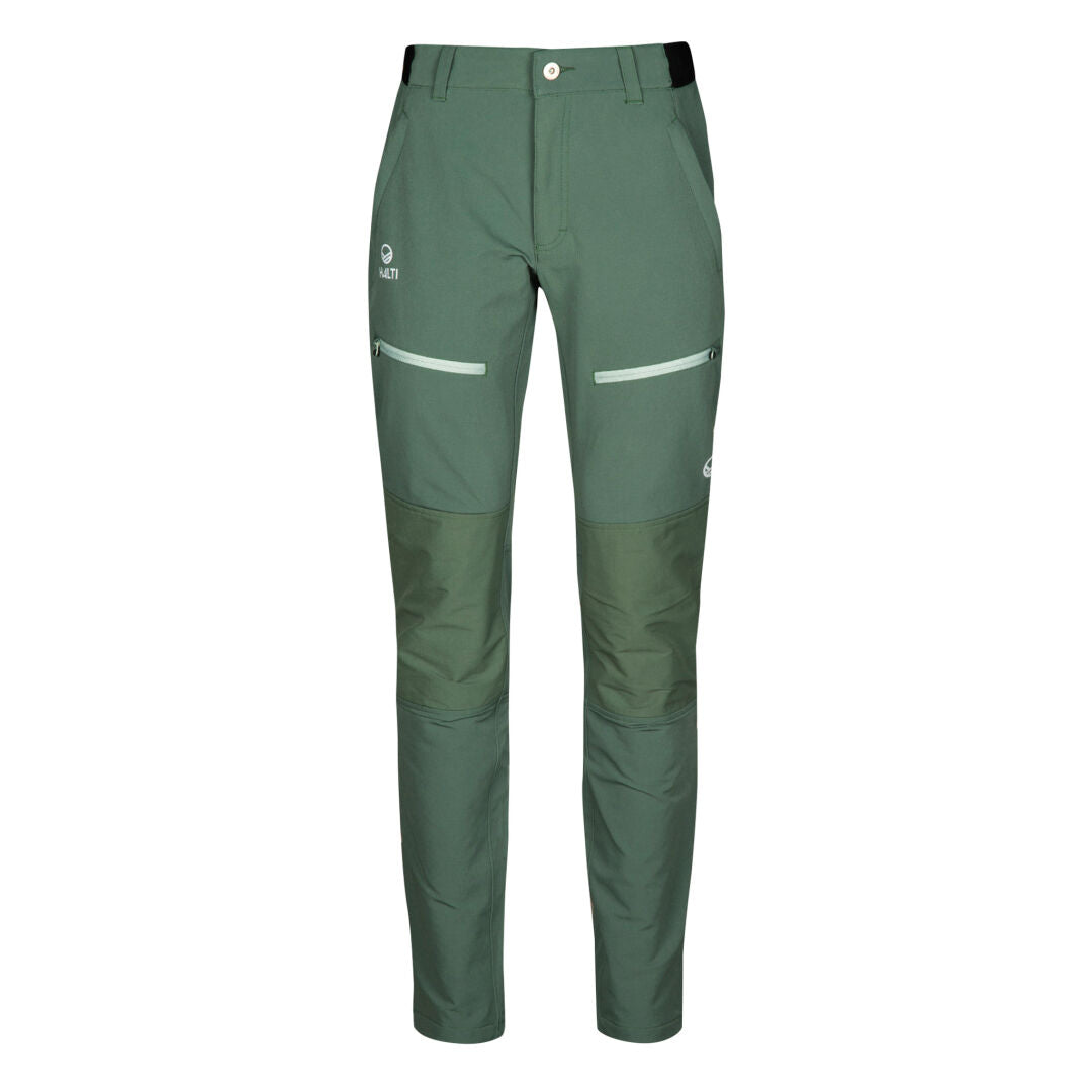 Halti Pallas III Warm X-stretch outdoorbyxor för dam, med dragkedjefickor och förstärkta knän, grön färg.