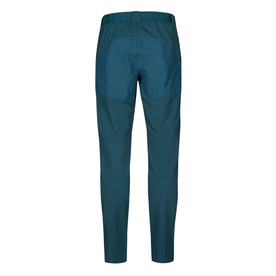 Baksidan av Halti Pallas III Varm X-stretchbyxa med resår i midjan, förstärkt baksida/knän i blågrönt/mörkblått.