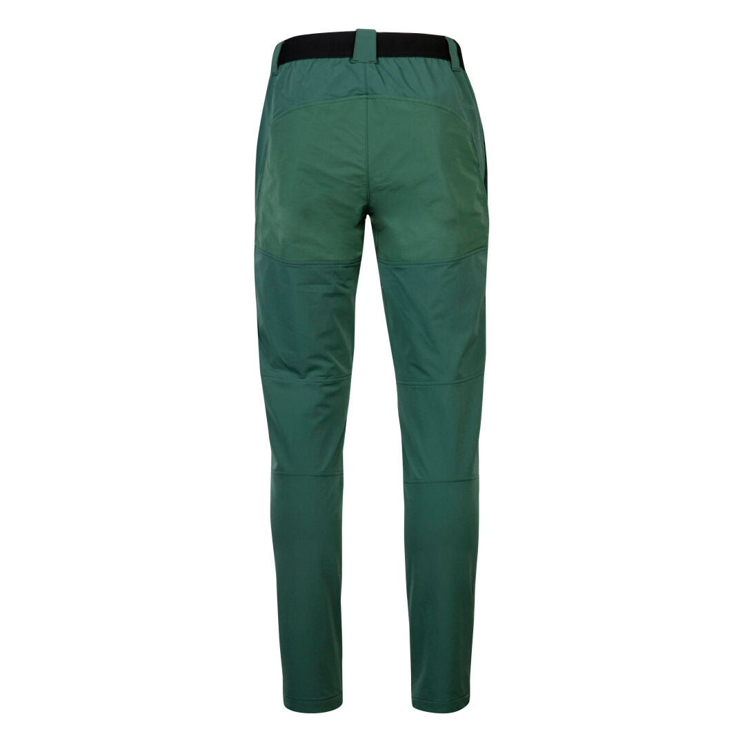 Baksidan av Halti Pallas III Warm X-stretch outdoorbyxor herr, grön med svart midjeband och åtsittande ben mot vit bakgrund.