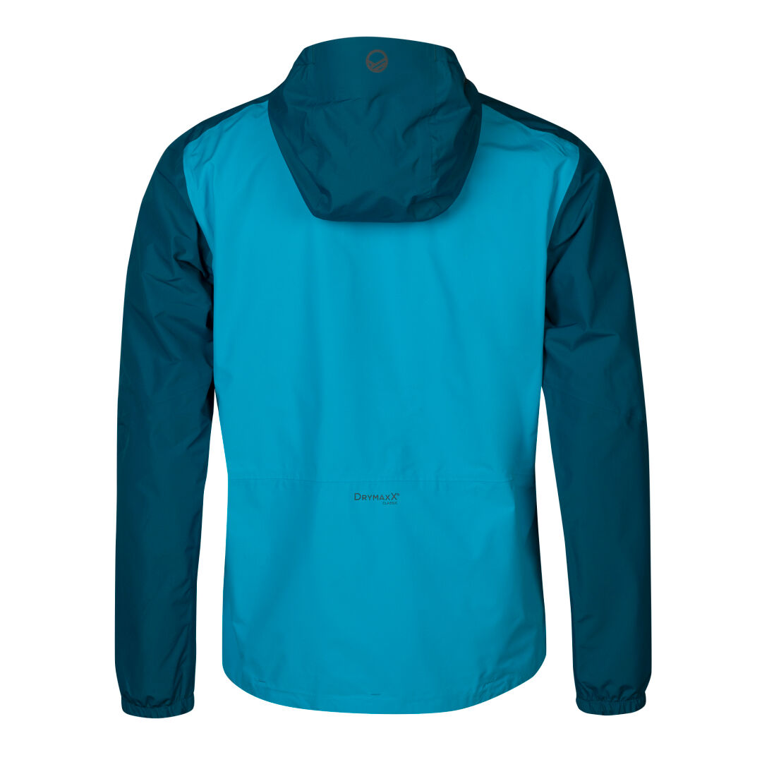 En blå Halti River Herr DrymaxX Skaljacka med mörkare ärmar, tillverkad av återvunnen polyester, sedd bakifrån.