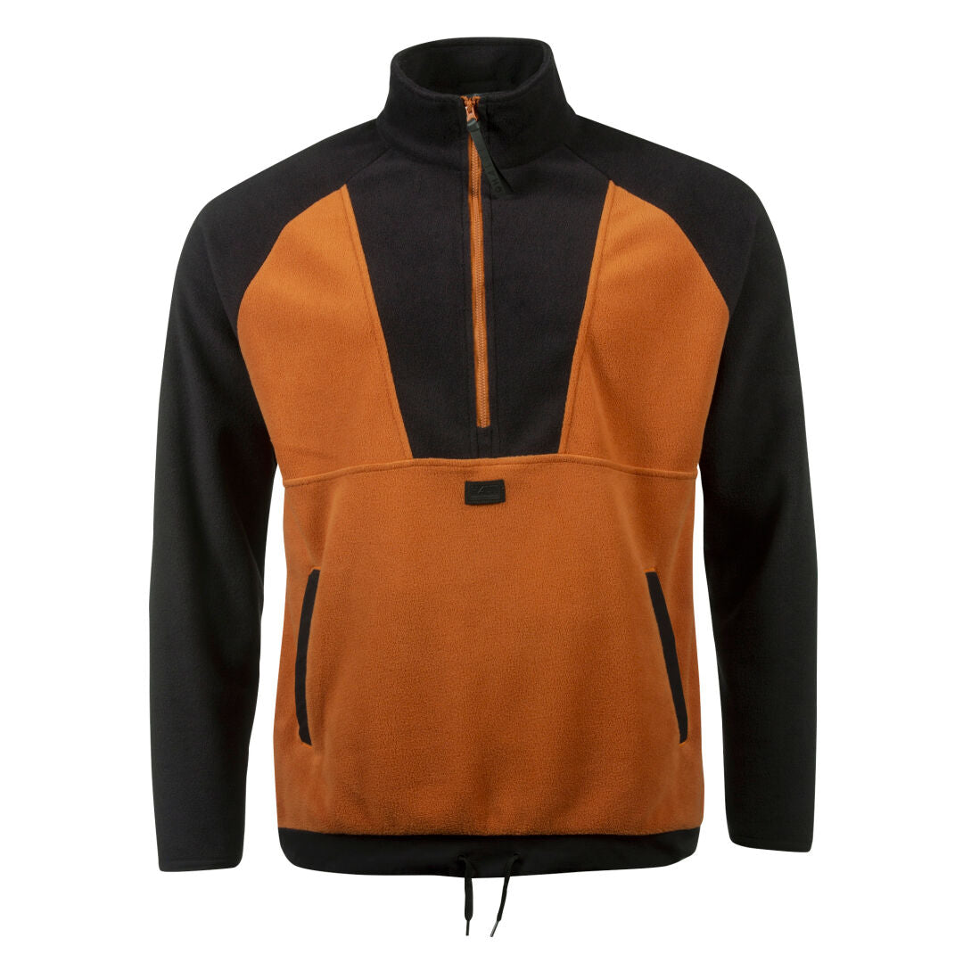 Halti Skugge Unisex Fleece Anorak har en halv dragkedja, svarta ärmar, orange paneler och framfickor.