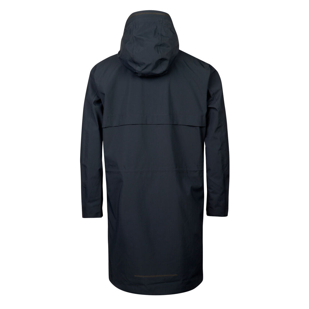 En lång svart Halti Tokoi Herr DrymaxX parka med huva, visad bakifrån mot en vit bakgrund.