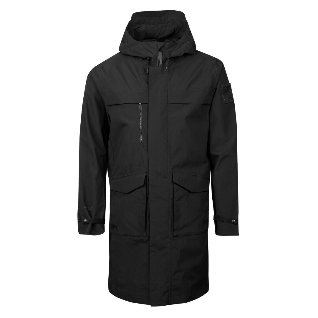 Halti Tokoi Herr DrymaxX Parka: svart, vattentät, dragkedja fram, tryckknappar, bröst-/höftfickor, justerbara manschetter.