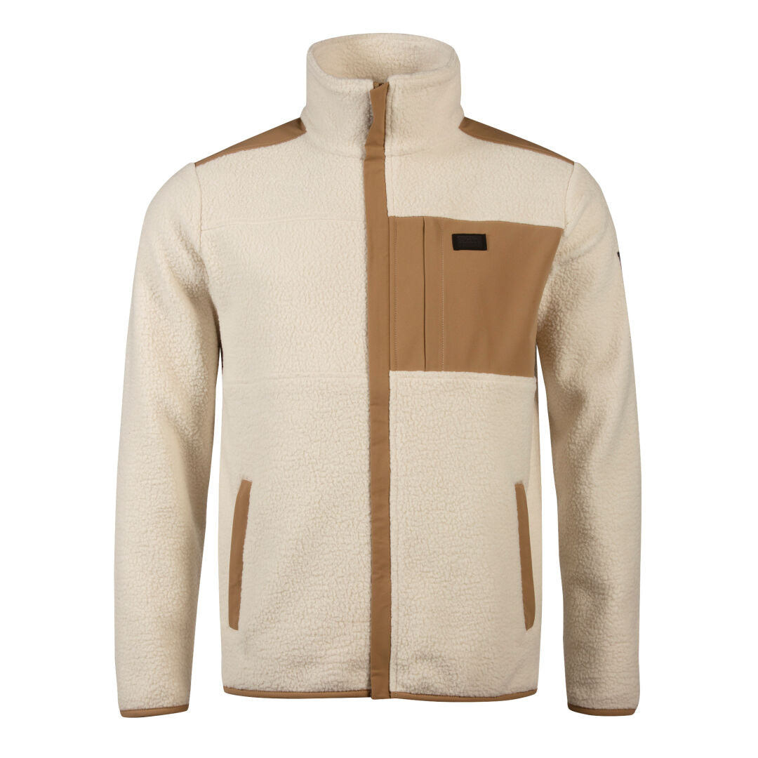 Klaidu Herr Fleece Jacka från Halti är en krämfärgad teddyfleecejacka med bruna detaljer, tillverkad av återvunnen polyester.