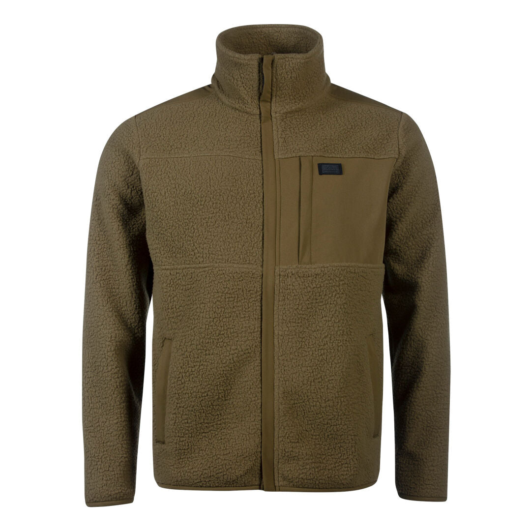 Halti Klaidu Herr Fleece Jacka är en brun teddyfleecejacka med dragkedja, hög krage och fickor, tillverkad av återvunnen polyester.