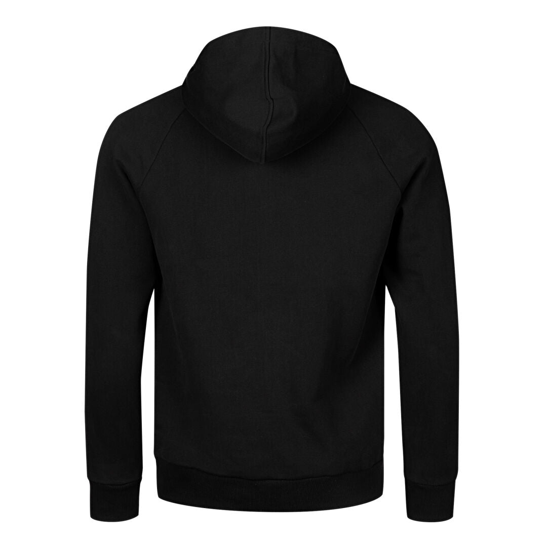 En enfärgad svart Halti Massby unisex-hoodie visas bakifrån mot en vit bakgrund.