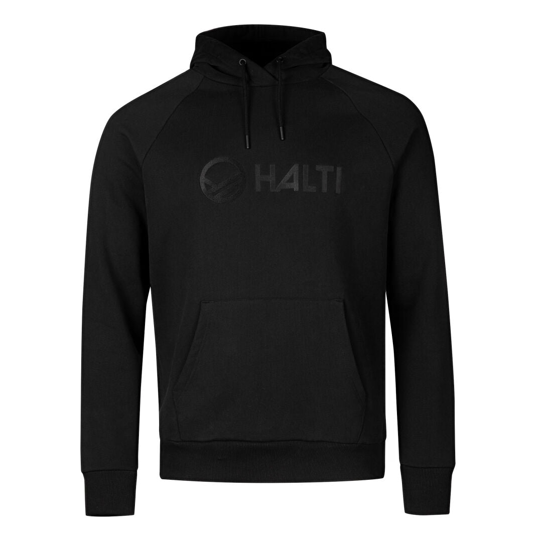 Massby Unisex Hoodie från Halti är svart, har en framficka och ett matchande svart logotyptryck.