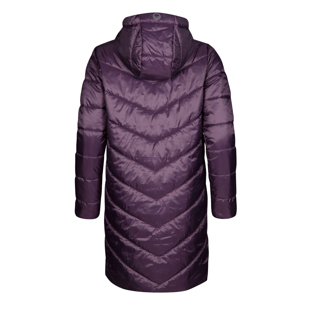 En lång, glänsande lila Element Parka Dam från Halti med huva, chevronquiltning, tillverkad av återvunnen polyester.