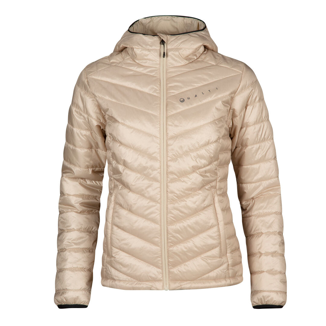 Beige quiltad Halti Element Jacka Dam med huva, dragkedja fram, Microtherm® Thermofill-isolering, diskret logotyp.