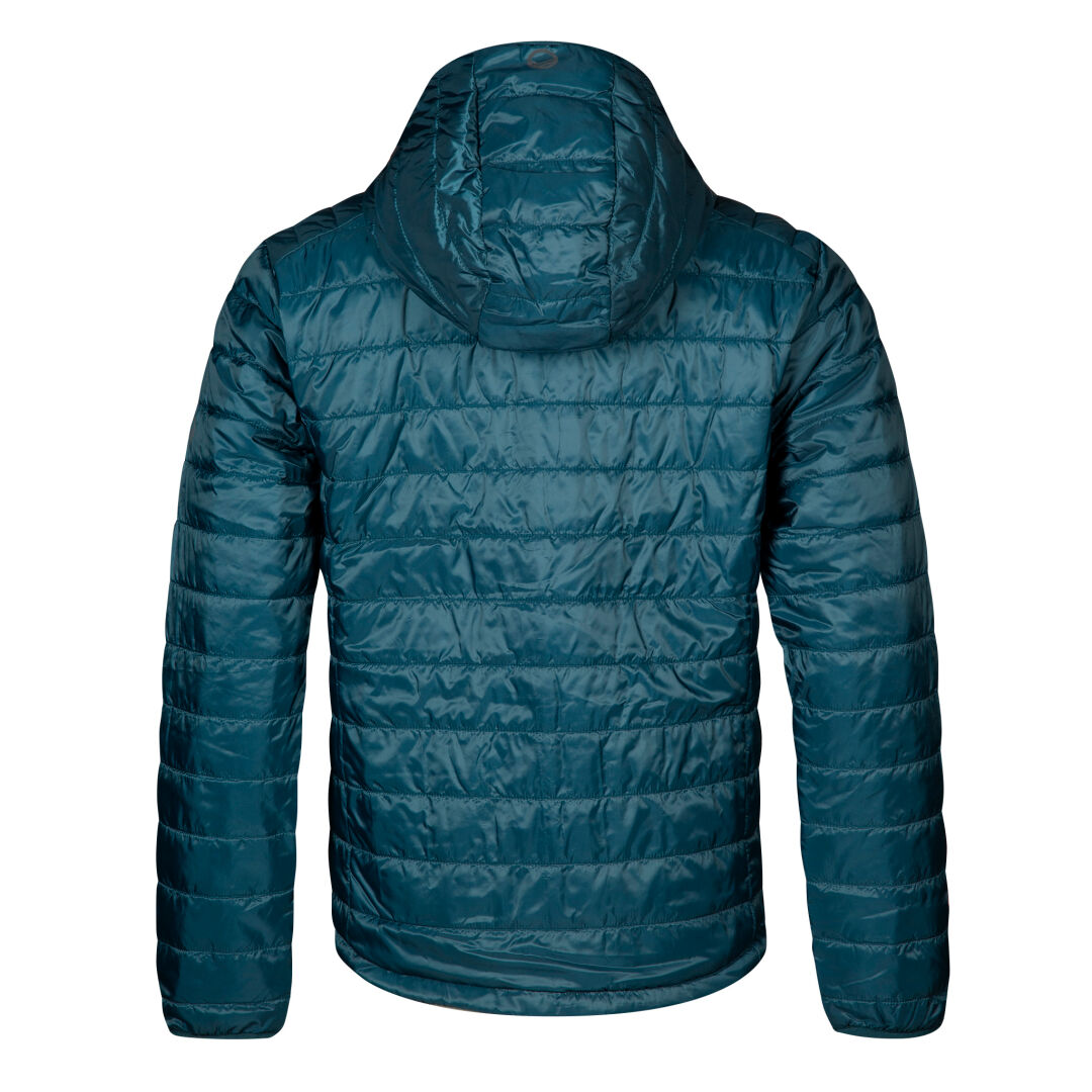 Halti Element Jacka Herr: Blågrön quiltad huvjacka med Thermofill-isolering, långa ärmar och horisontella sömmar.