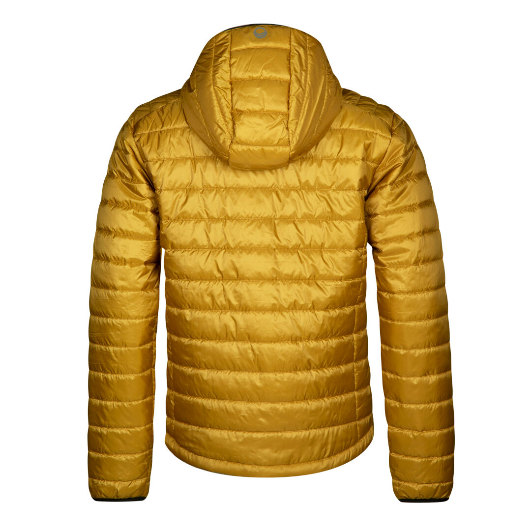 Halti Element Jacka Herr är en senapsgul pufferjacka med huva, visad bakifrån, i återvunnen polyester.
