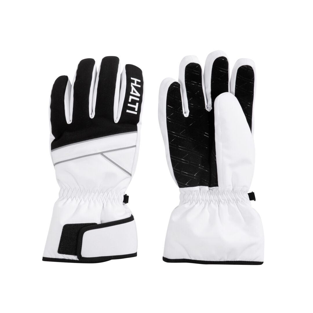 Ett par Halti Rosso Skidhandskär vinterhandskar med Microtherm®-isolering, visade fram- och baksida på vitt.