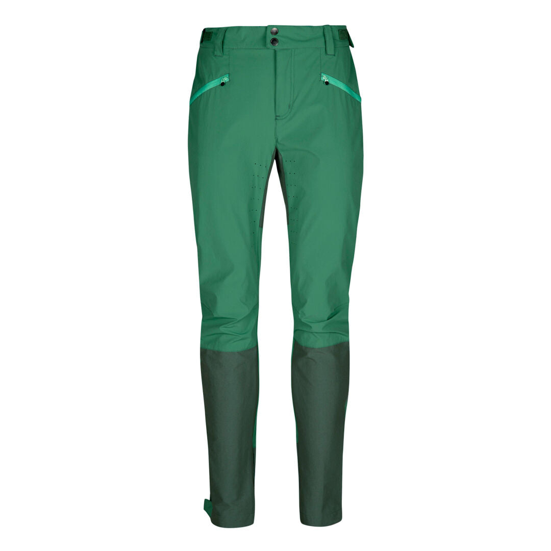 Halti Tracks X-stretch Byxor Dam-grön friluftsbyxa med fickor med dragkedja, förstärkta knän och justerbara muddar.