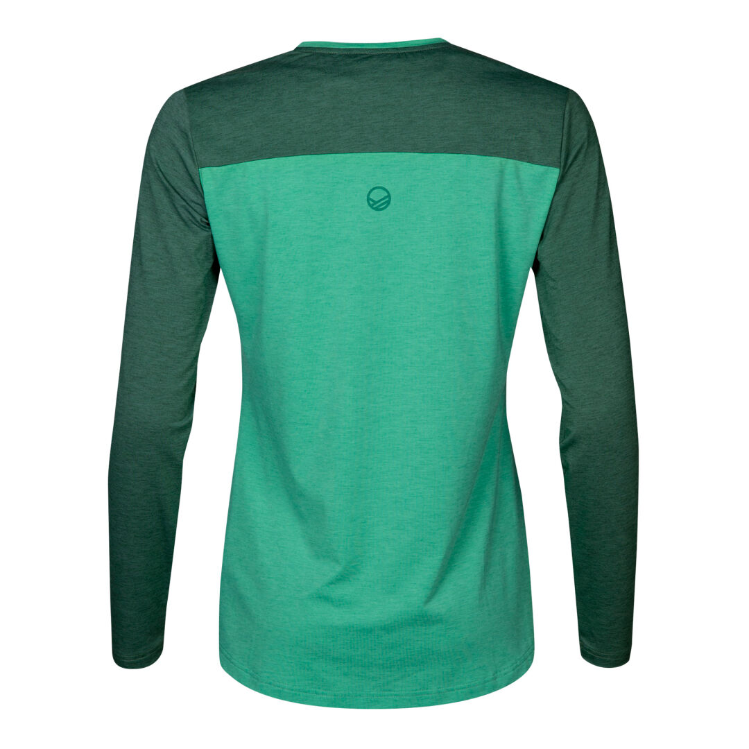 Halti Core Dam Tröja: grön långärmad topp med mörkgröna ärmar, återvunna fiber & fukttransport.