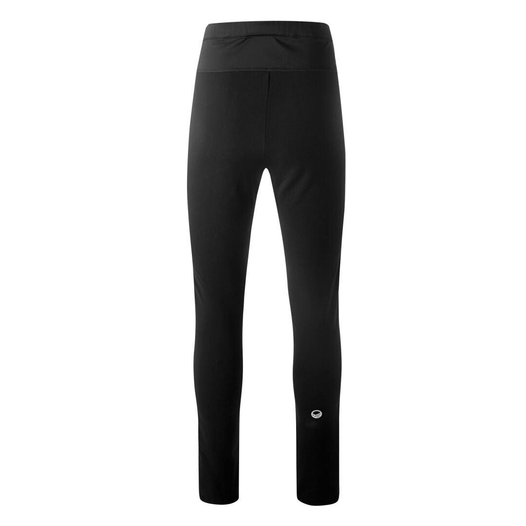 Halti Isku II Dam Längdskidbyxor är svarta atletiska leggings med en liten rund logotyp nära vristen.