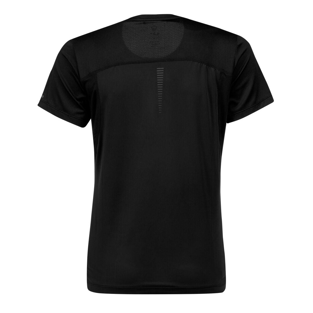 Baksidan av Halti Urbanite Dam Active Dry T-shirt i svart, tillverkad av återvunnen polyester med nätpaneler för torrhet.