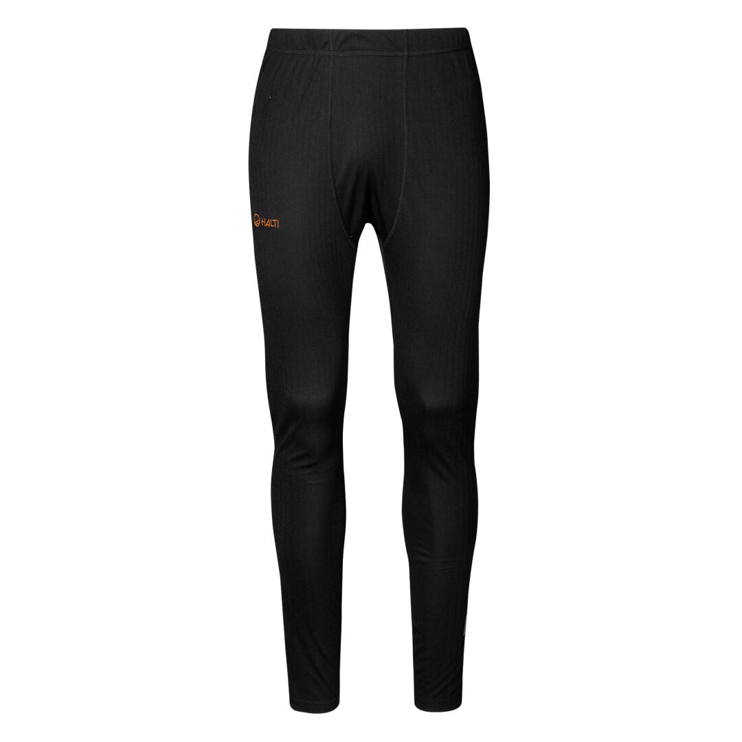 Halti Dual Underställ Set Herr: enfärgade svarta sportleggings med andningsförmåga och en liten orange logotyp på vänster lår.