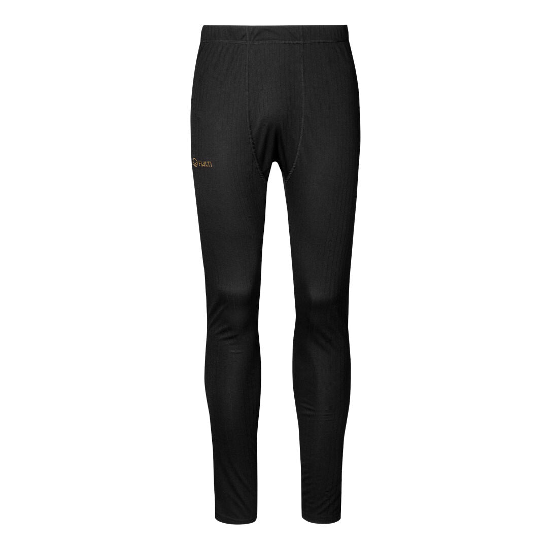 Halti Dual Underställ Set Herr: svarta, hellånga leggings med orange logotyp, tillverkade av återvunnen polyester för andningsförmåga.