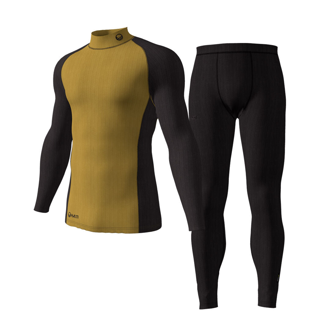 Halti Dual Underställ Set Herr i guld/svart, tillverkat av återvunnen polyester för komfort och andningsförmåga.