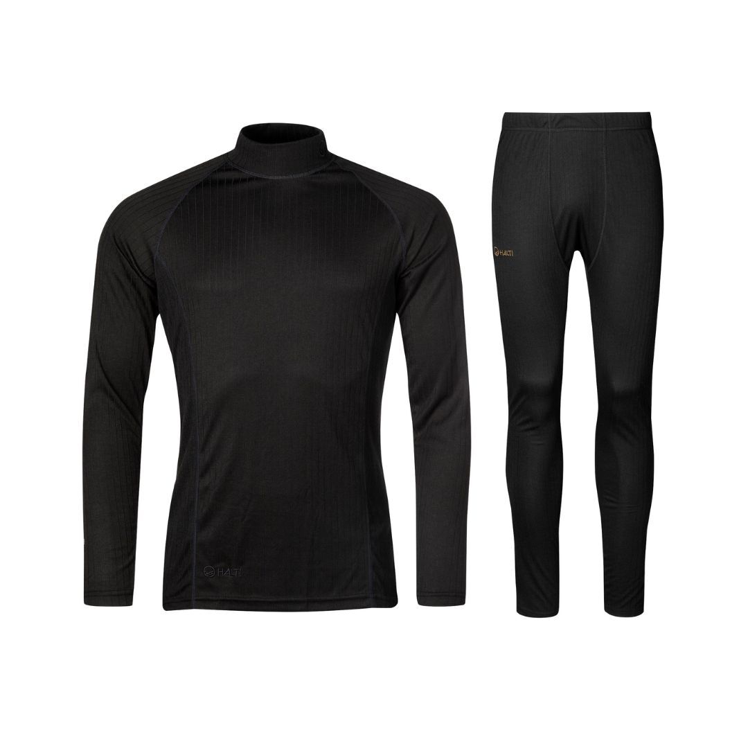 Dual Underställ Set Herr från Halti i svart återvunnen polyester, långärmad tröja och byxa på vit bakgrund.