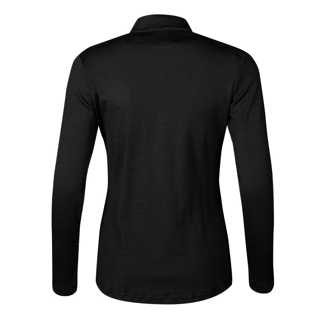 Baksidan av Halti Woolforce Dam Merinoull Tröja, en enfärgad svart långärmad skjorta med krage mot vit bakgrund.