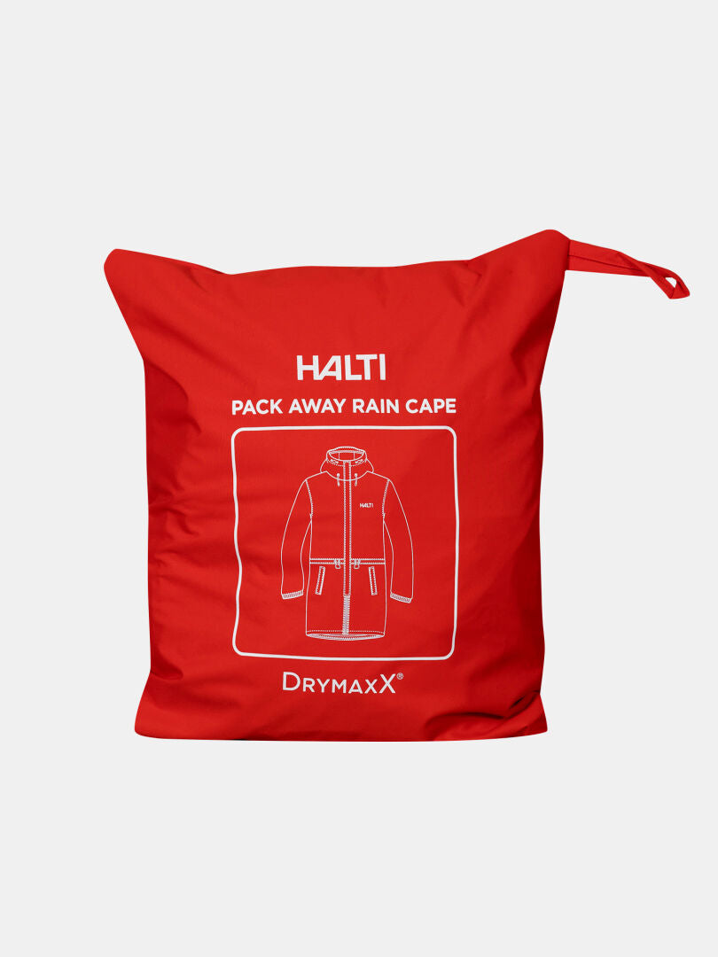 En röd Halti Coach Jacka pack-away regncapeväska med en vit kontur av en regnrock och text på framsidan.