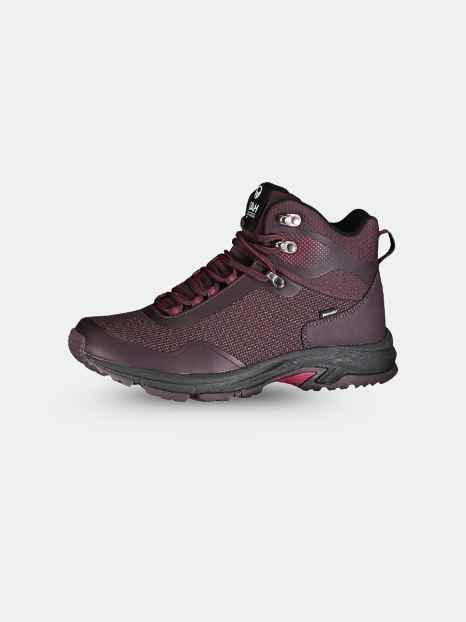 En enda Halti Fara2 DX Mid outdoorskor dam i rödbrun med svart sula och DrymaxX-membran visas på vitt.