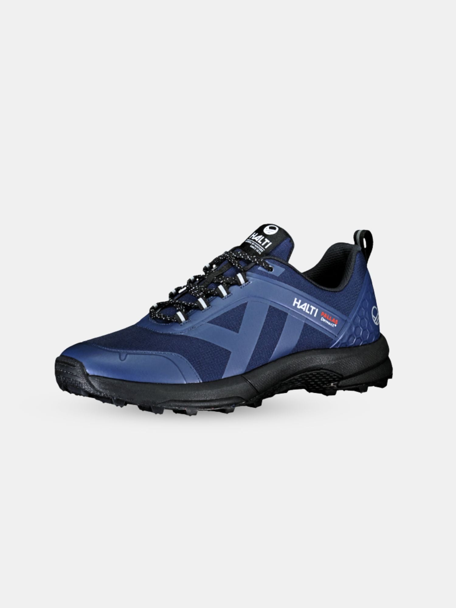 Halti Pallas Herr DrymaxX Sneaker i marinblått har en svart sula och snören, som visas på en vit bakgrund.