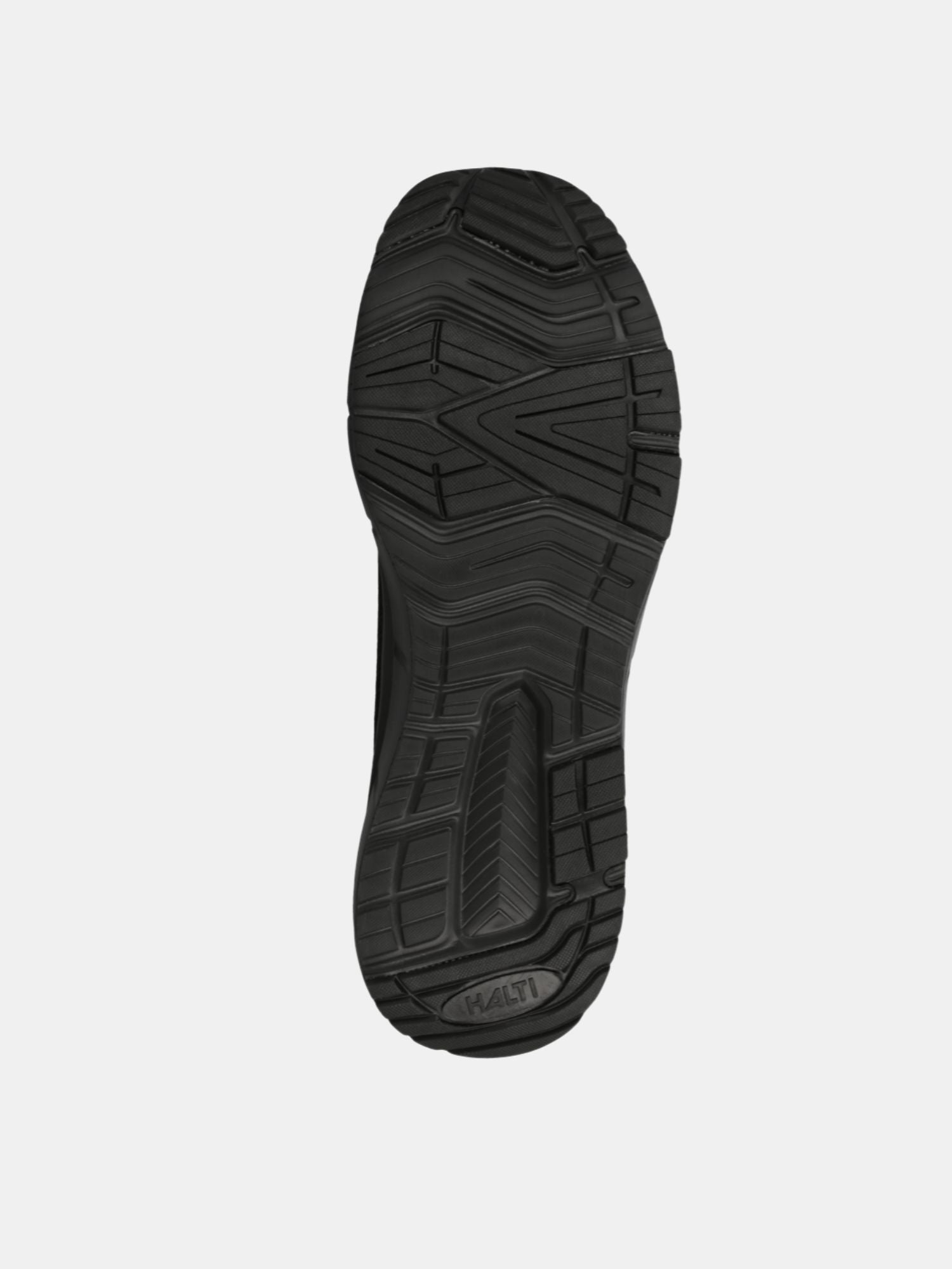 Svart GripmaxX Lite gummisula med geometrisk slitbana för Halti Lester Sneakers Herr, visad på vit bakgrund.