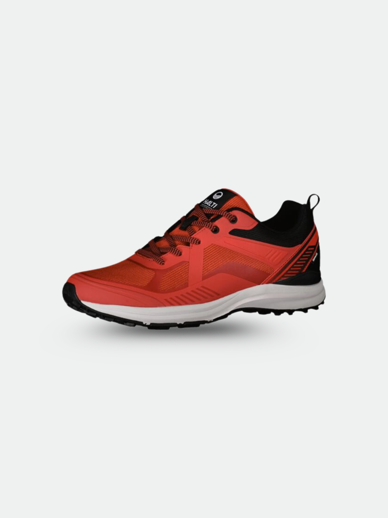 Halti Gems 2 Dam DrymaxX Sneaker är röd med svart/vita detaljer, svarta skosnören och en strukturerad sula.