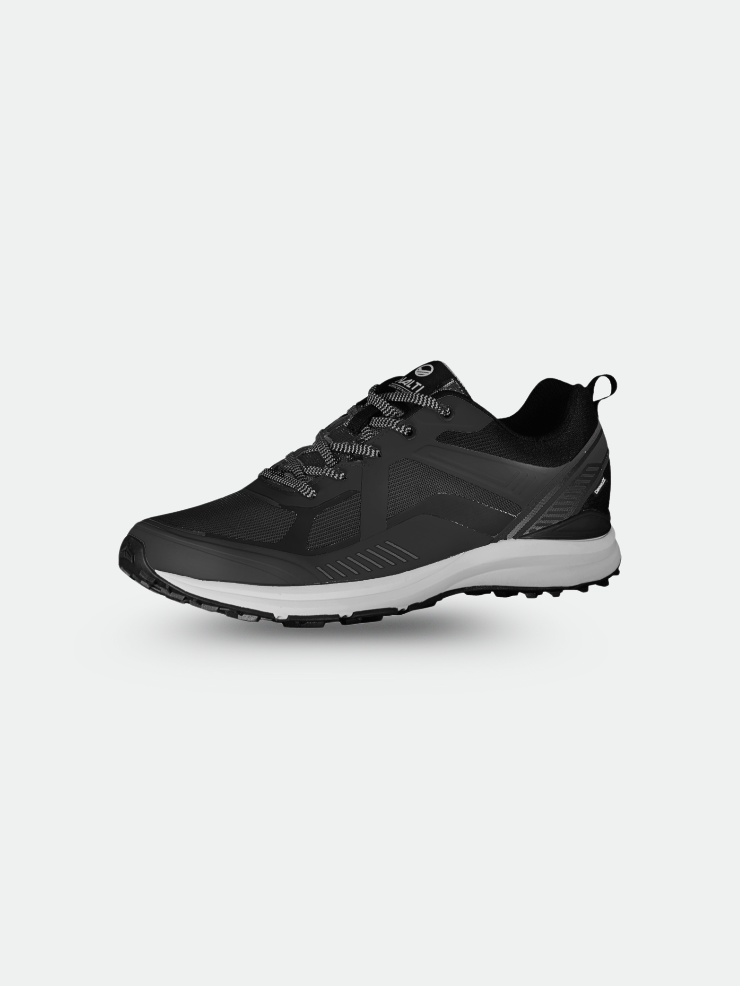 Halti Gems 2 Dam DrymaxX Sneaker-svart med grå accenter, stötdämpande sula och vit sula mot en ljus bakgrund.