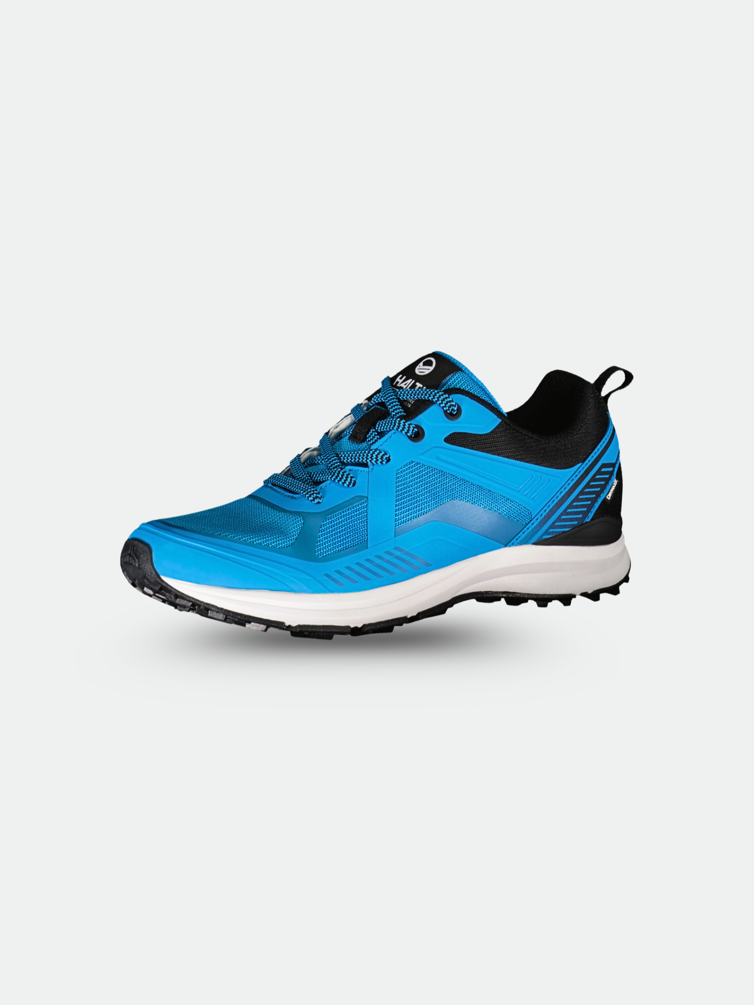 Halti Gems 2 Dam DrymaxX Sneaker är blå/svart med stötdämpande sula, svarta skosnören och strukturerad slitbana.