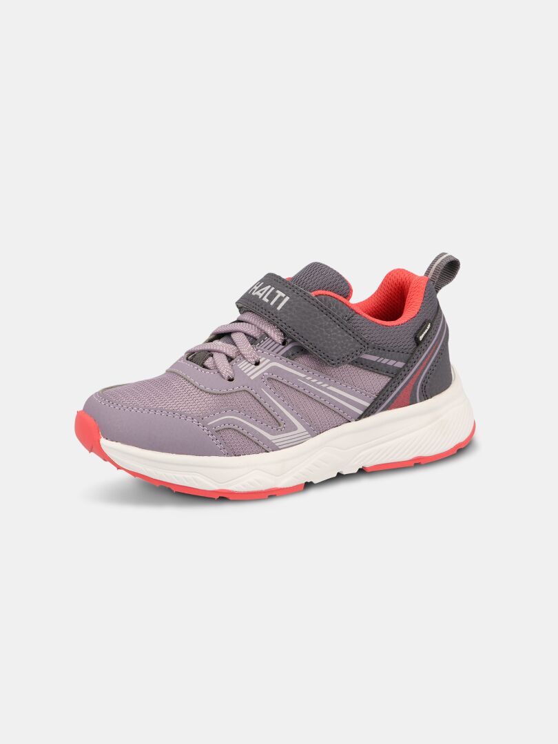 Halti Zuma 2 DX Sneaker Junior: lila/rosa, vattentät, kardborreband och snörning, vit sula på enfärgad bakgrund.