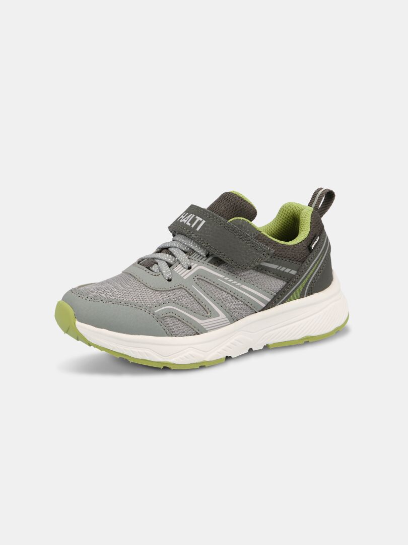 Halti Zuma 2 DX Junior-sneakers, grå/grön, vattentäta, kardborreförslutning, vit phylonsula, sidovy.