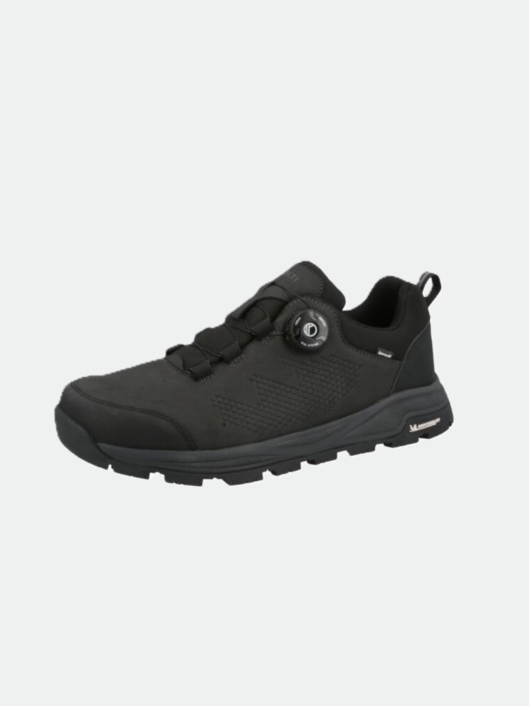 Halti Buli Low 2 DX Freelock är en svart sportsko i veganläder med vredstängning och tjock sula på vit botten.