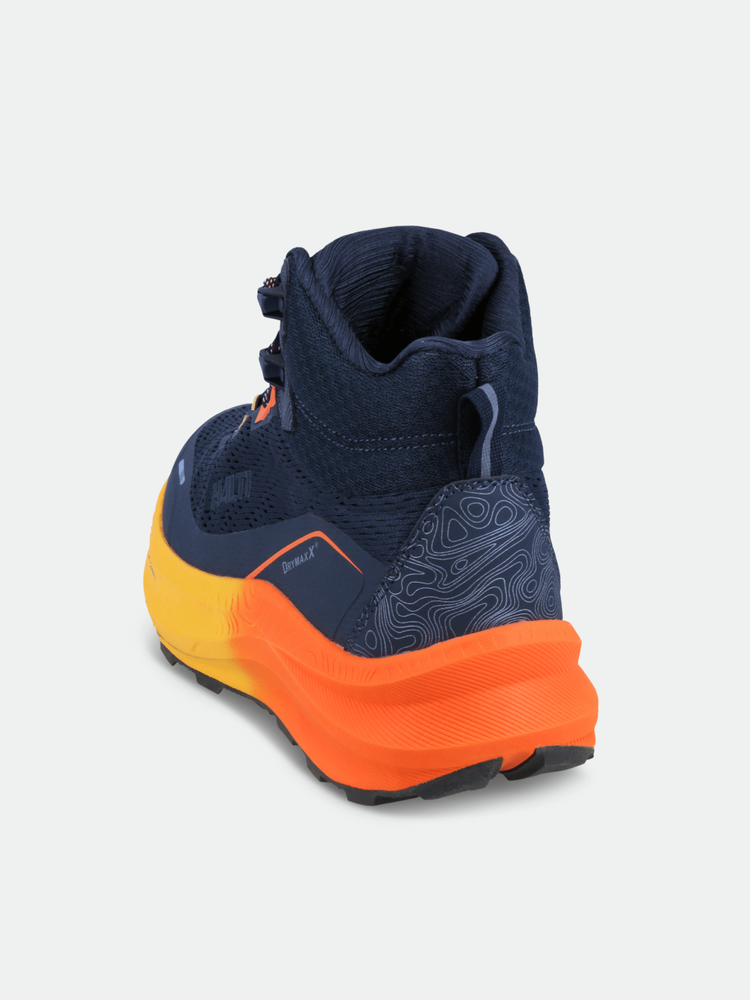 Halti Rapid DX Mid Outdoorskor Herr i marinblå färg med orangegul sula, visas bakifrån vänster på ljusgrå botten.