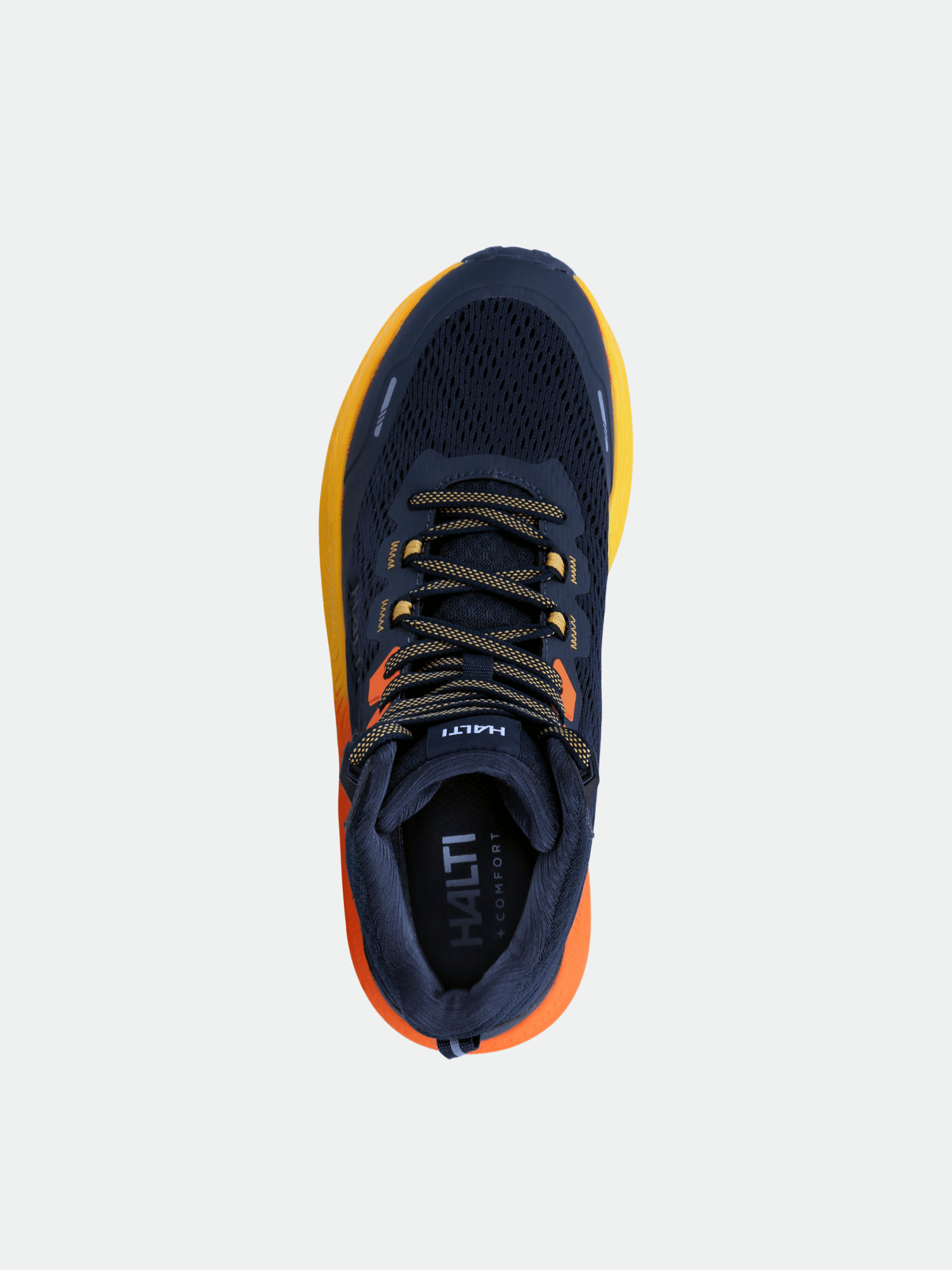 Halti Rapid DX Mid Outdoorskor Herr i marinblått, orange och gult visas uppifrån på en ljus bakgrund.