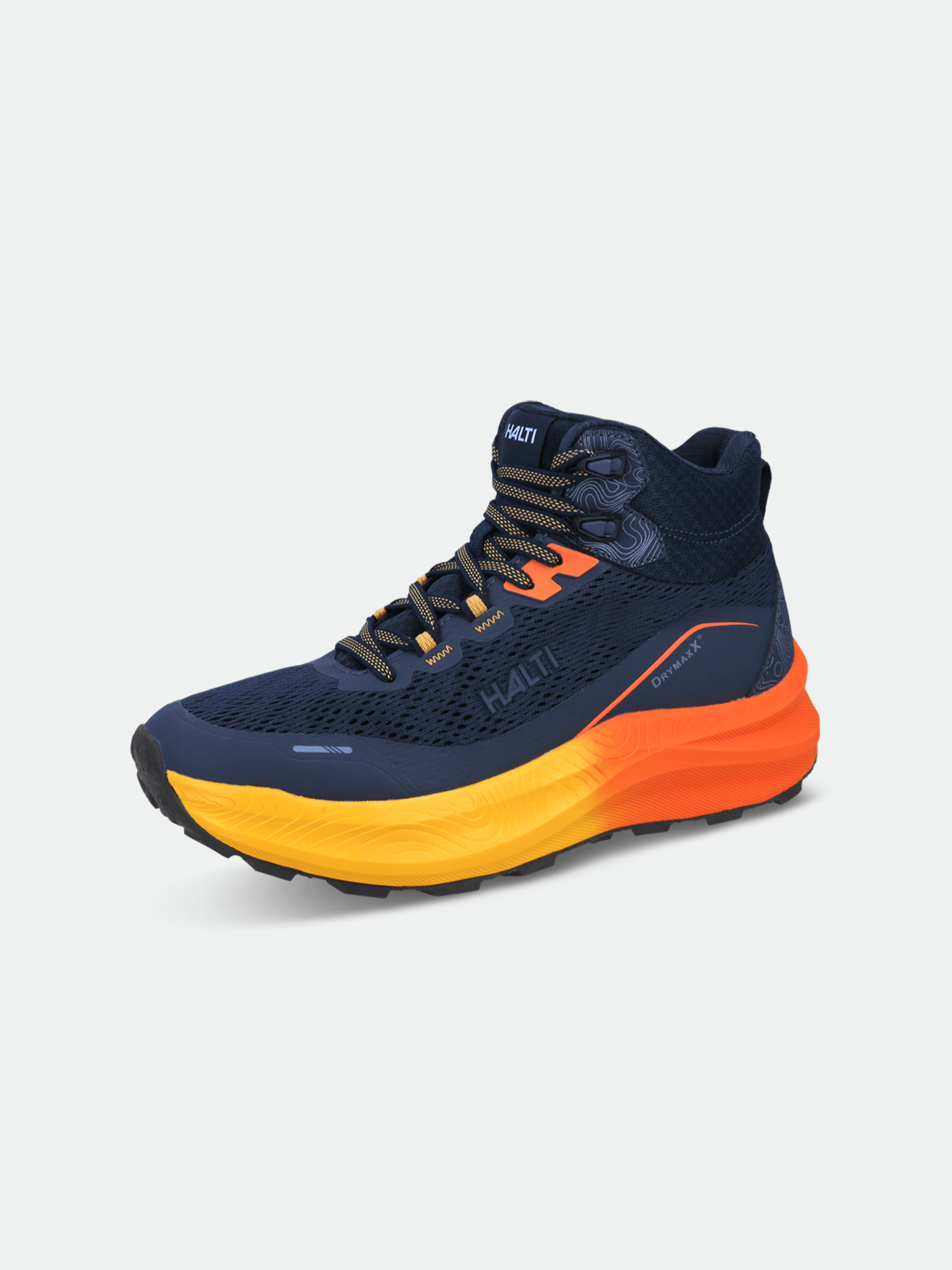 Halti Rapid DX Mid Outdoorskor Herr: marinblå sko med orangegul sula, ovandel i mesh och mönstrade snören.