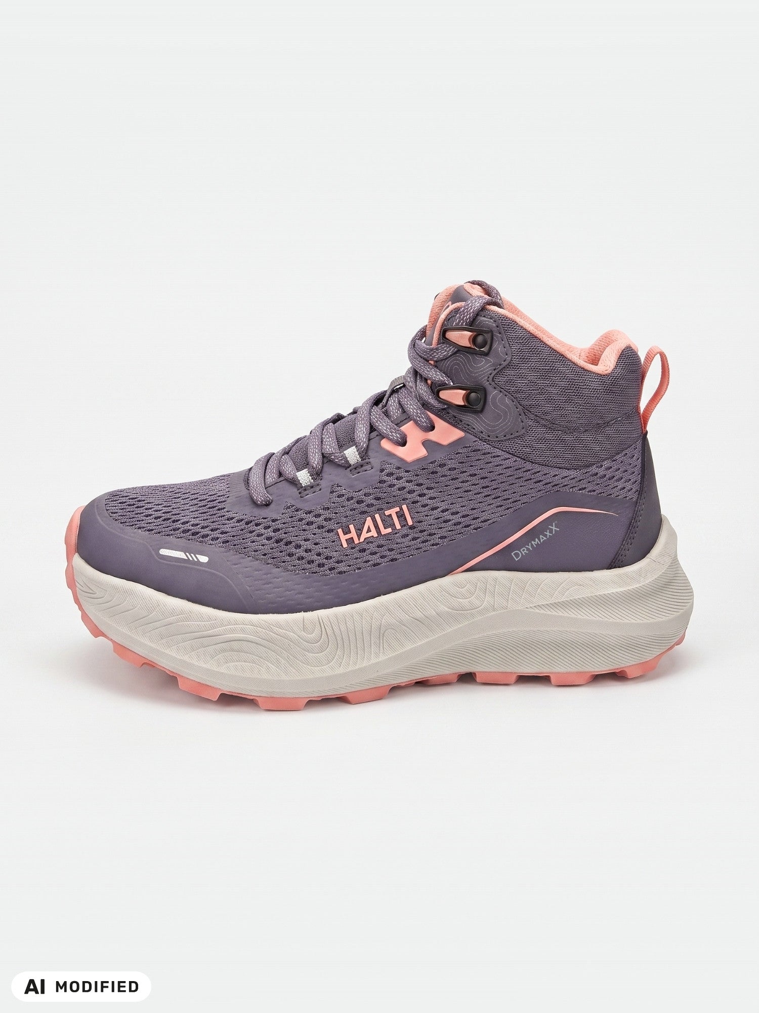 Outdoorskorna Halti Rapid Mid DX för damer, i lila och rosa med en tjock sula, visas mot en vit bakgrund.