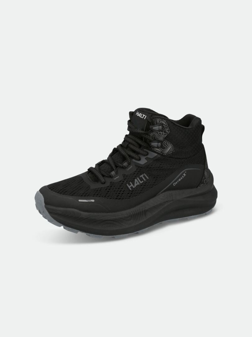 Halti Rapid DX Mid Outdoorskor Dam är en svart mid-top-sko med meshpaneler, tjock sula och Halti-märkning.