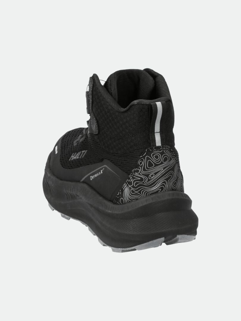 Bakifrån Halti Rapid Mid Freelock DX Skor Unisex i svart med texturerat mönster och reflekterande hälrem.