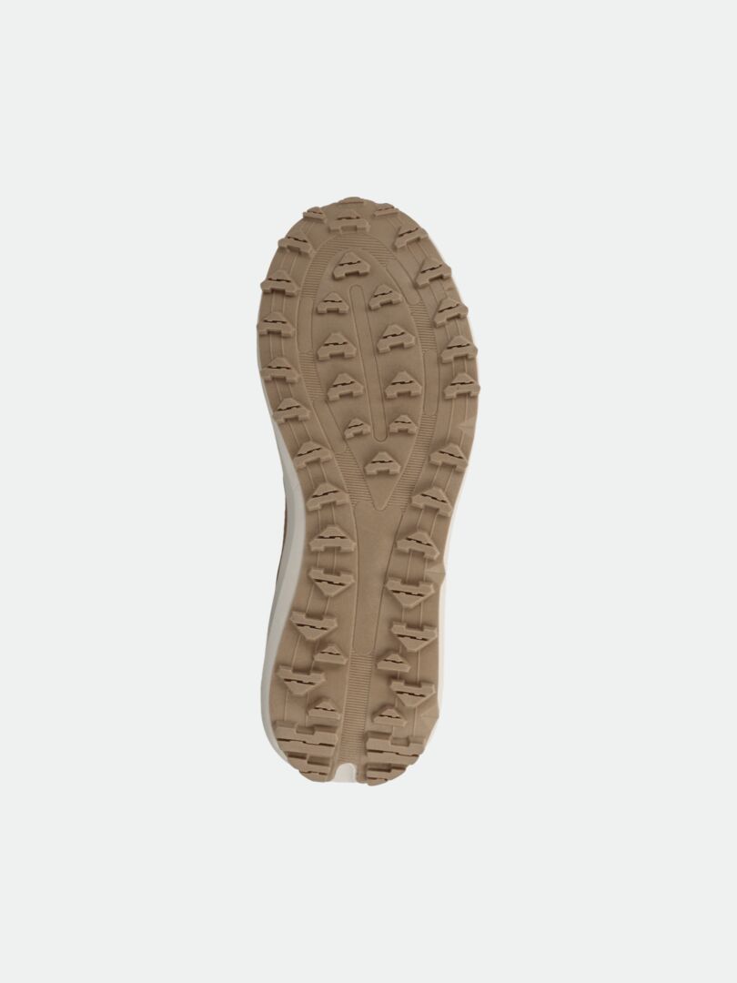 Halti Morgam DX Mid Skor Dam har en beige gummisula med strukturerade slitbanor som visas underifrån mot en vit bakgrund.